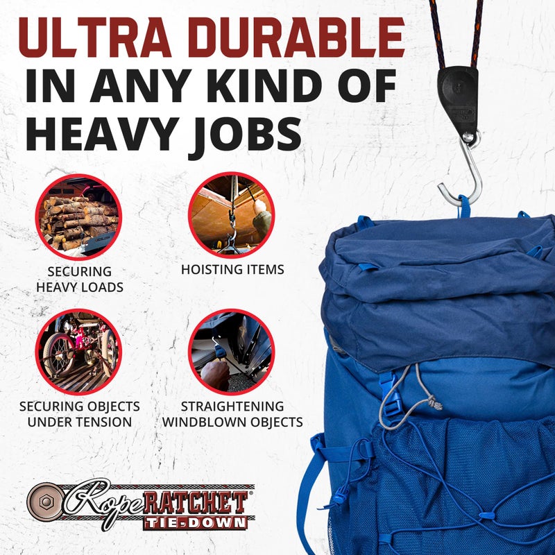 Rope Ratchet 1/4" Adjustable Pulley System â€“ 150 lb Capacity Heavy-Duty 8' Braided Polypropylene Rope, Locking Rope Hanger, Grow Lights, Tarp Tie Downs, Kayak Straps, Plant Pulleys, Tent Tie Downs - Image 3